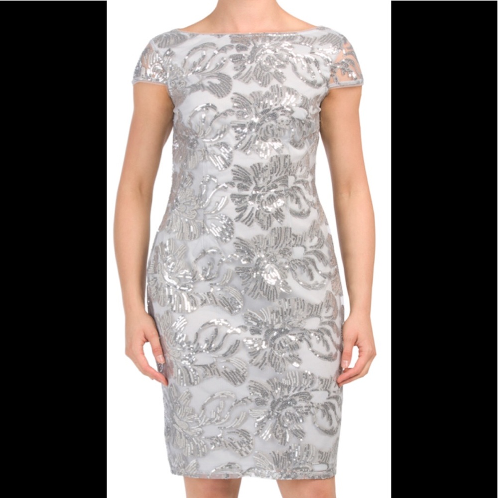 Marina Petite Embroidered Lace Dress Silver 6P - Picture 4 of 8